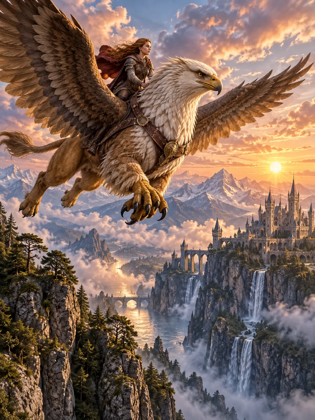 Fantasy art generator image of a griffin rider above a cliffside castle at sunrise