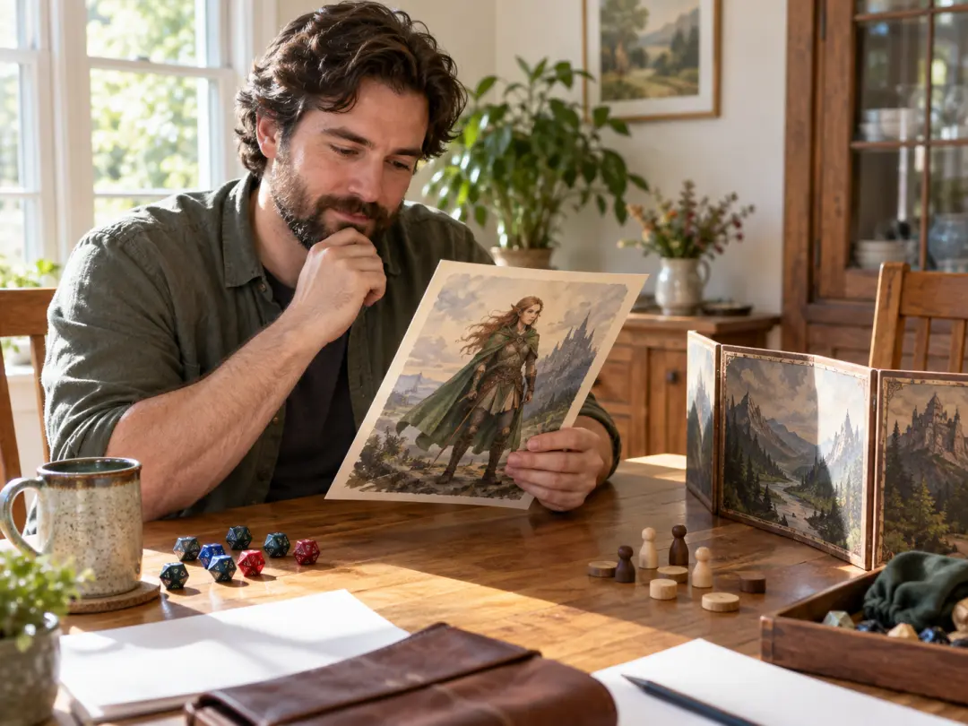 Tabletop game master reviewing a fantasy character painting at a bright gaming table