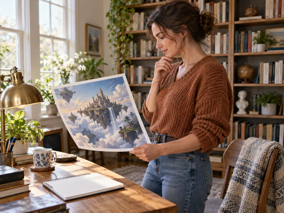 Writer studying an original floating city artwork in a sunlit home library