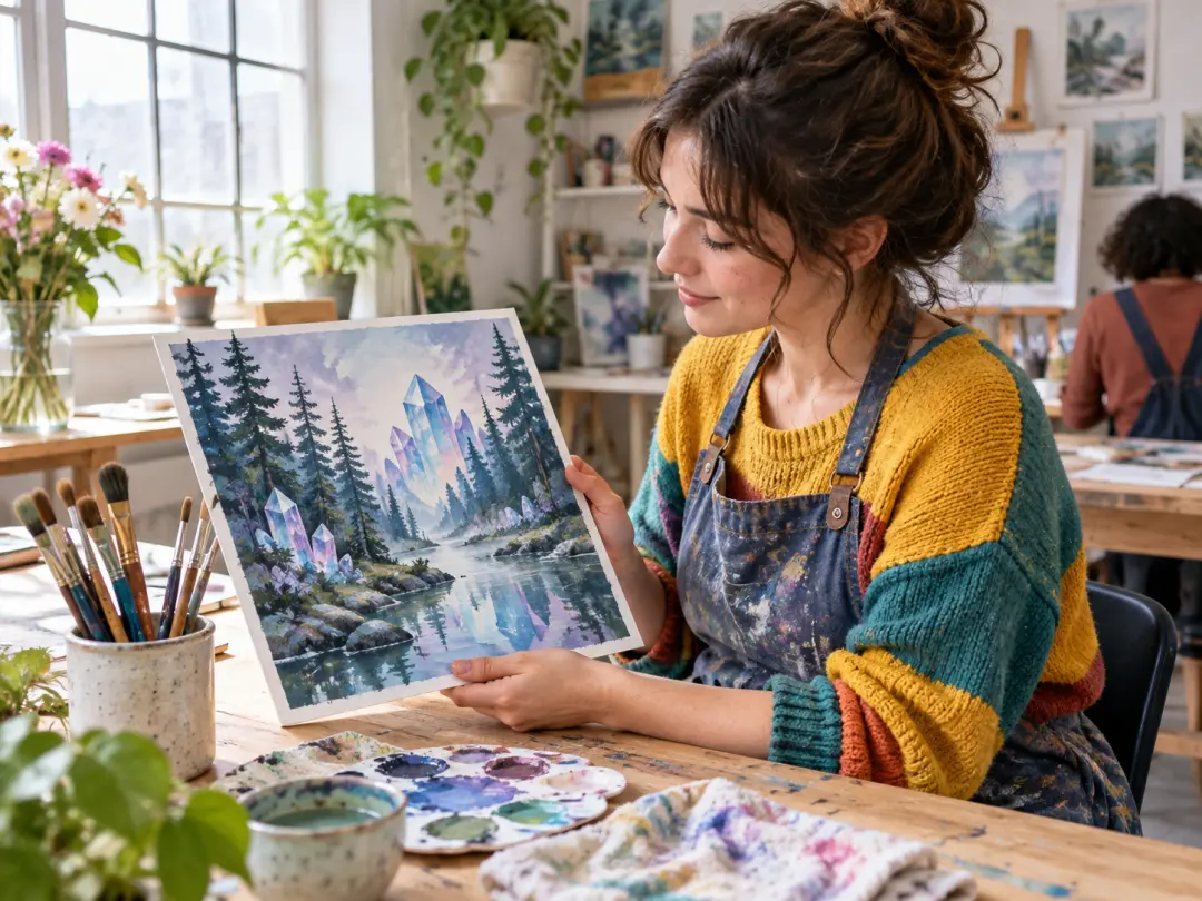 Creative hobbyist examining a fantasy landscape painting in a bright art studio