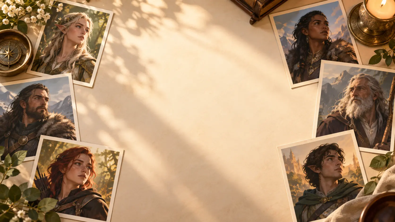 Fantasy character creator portraits arranged on a warm light surface