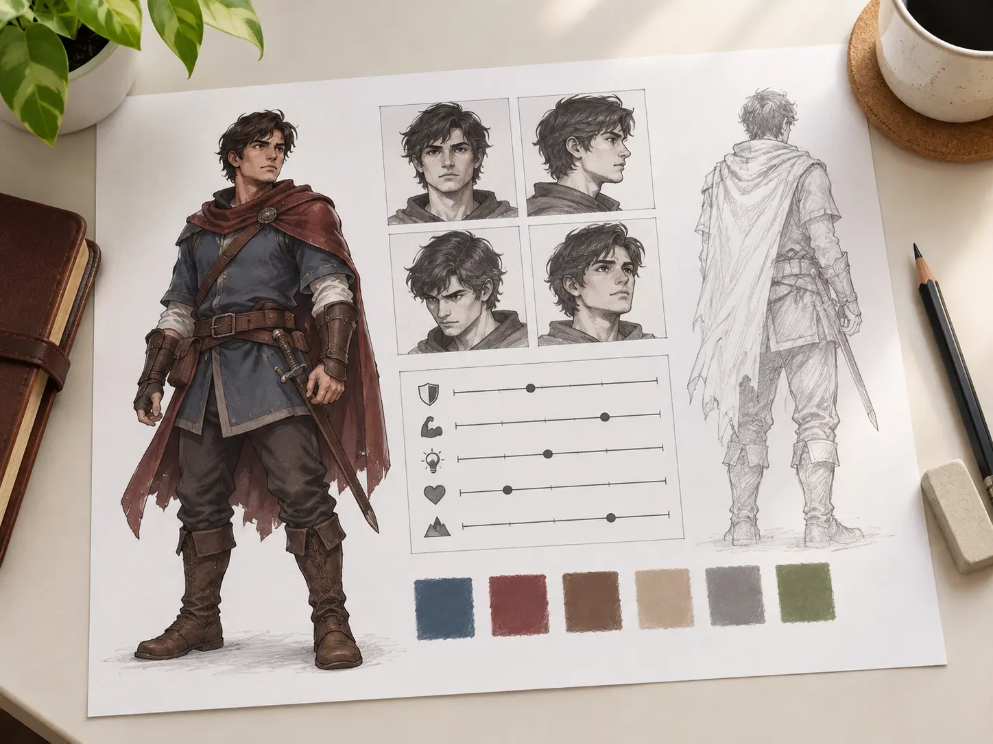 Fantasy character creator brief listing ancestry, class, costume, and gear notes
