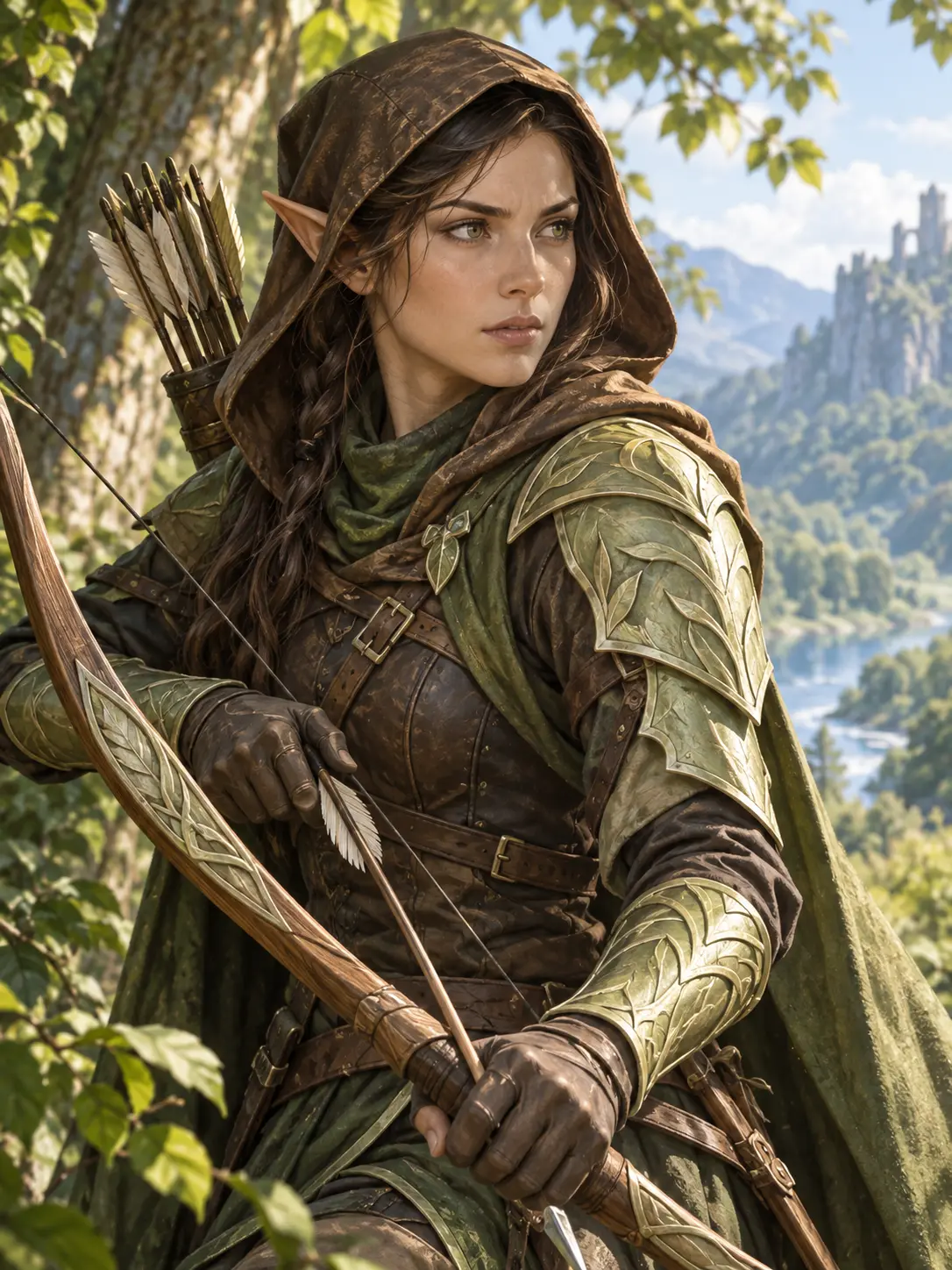 Fantasy character creator portrait of a half-elf ranger with pale green armor details