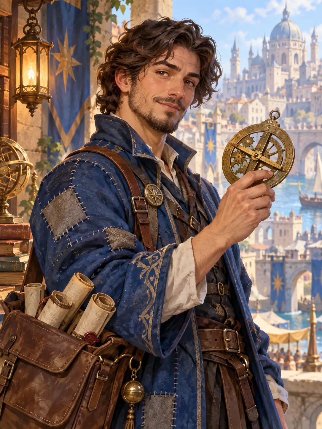 Fantasy character creator mage in a patched blue coat holding an astrolabe