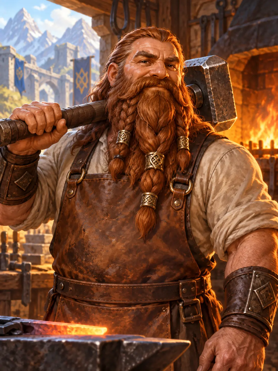 Fantasy character creator dwarf blacksmith with a braided beard and hammer