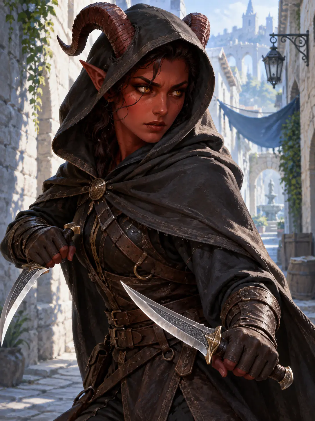 Fantasy character creator tiefling rogue with curved horns and a hooded cloak