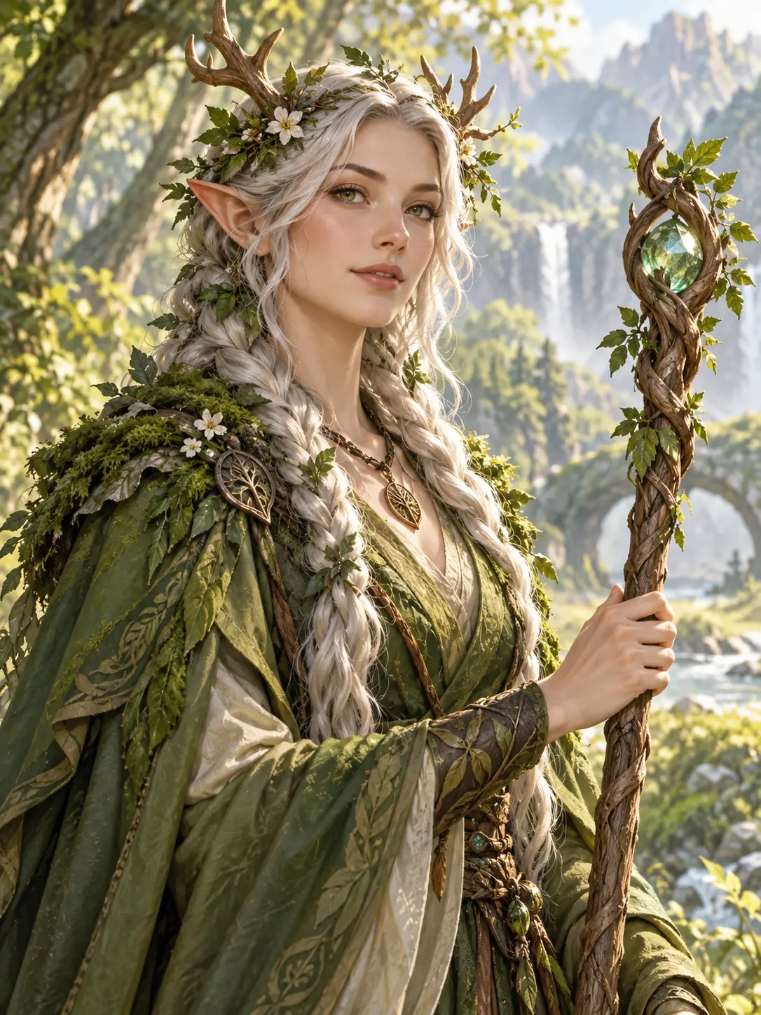 Fantasy character creator portrait of an elven druid with antlers, green robes, and a wooden staff