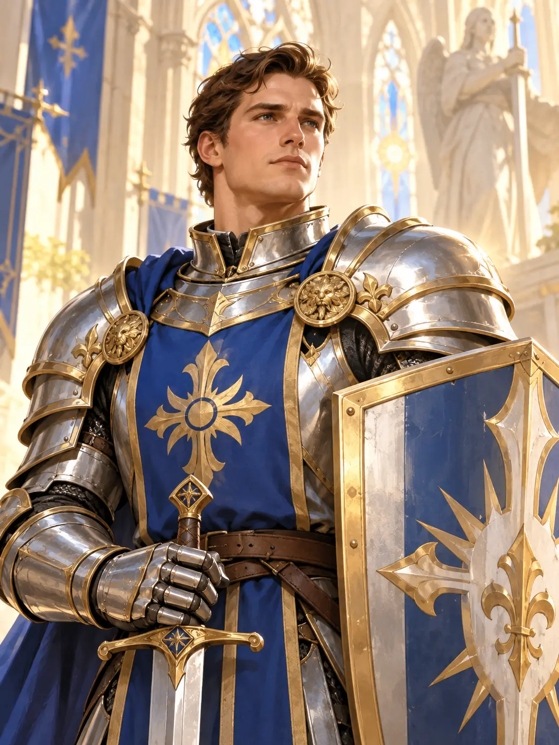 Fantasy character creator portrait of a human paladin in silver and gold plate armor with a blue shield