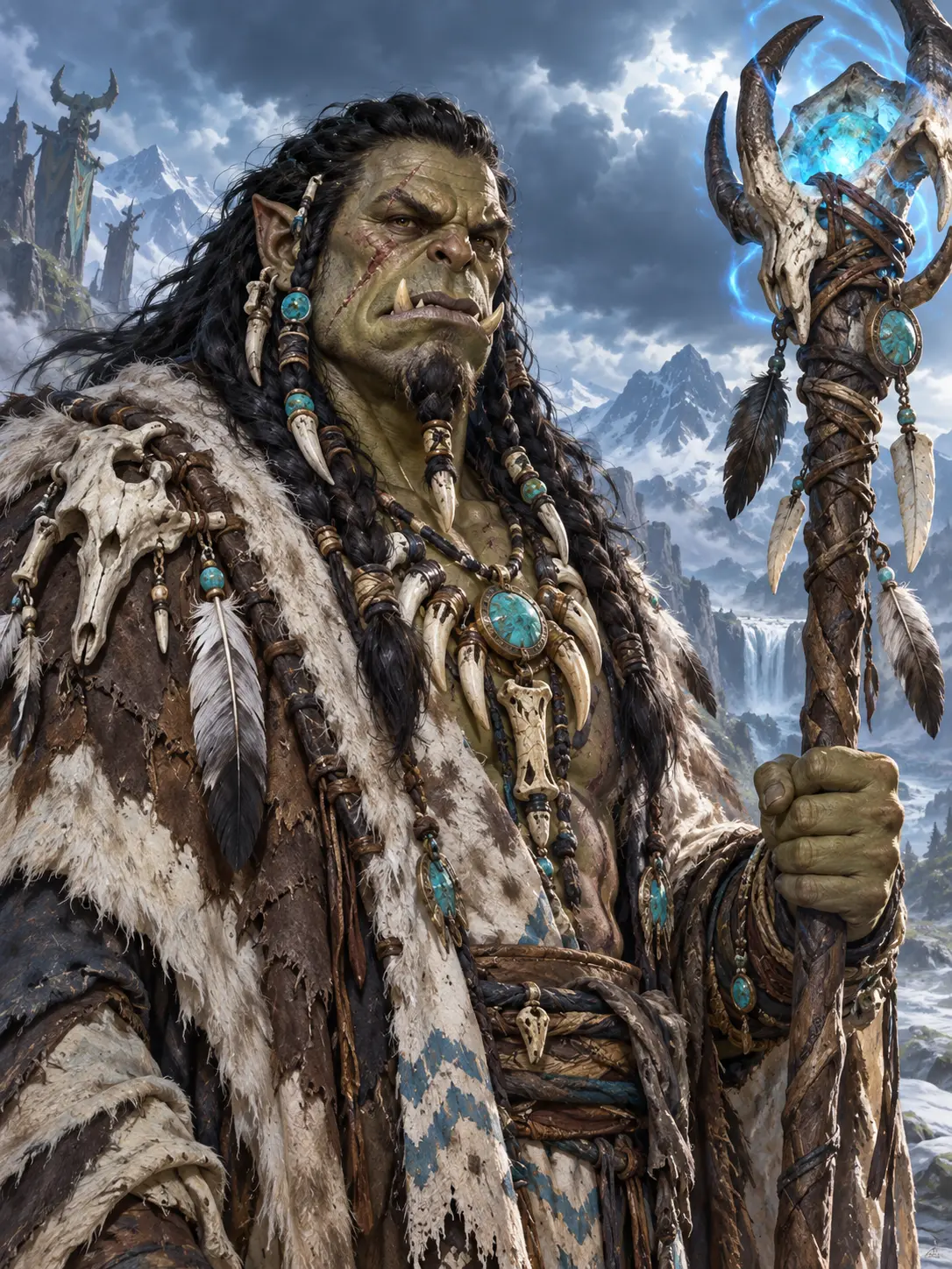 Fantasy character creator portrait of an orc shaman with turquoise ornaments and a glowing staff
