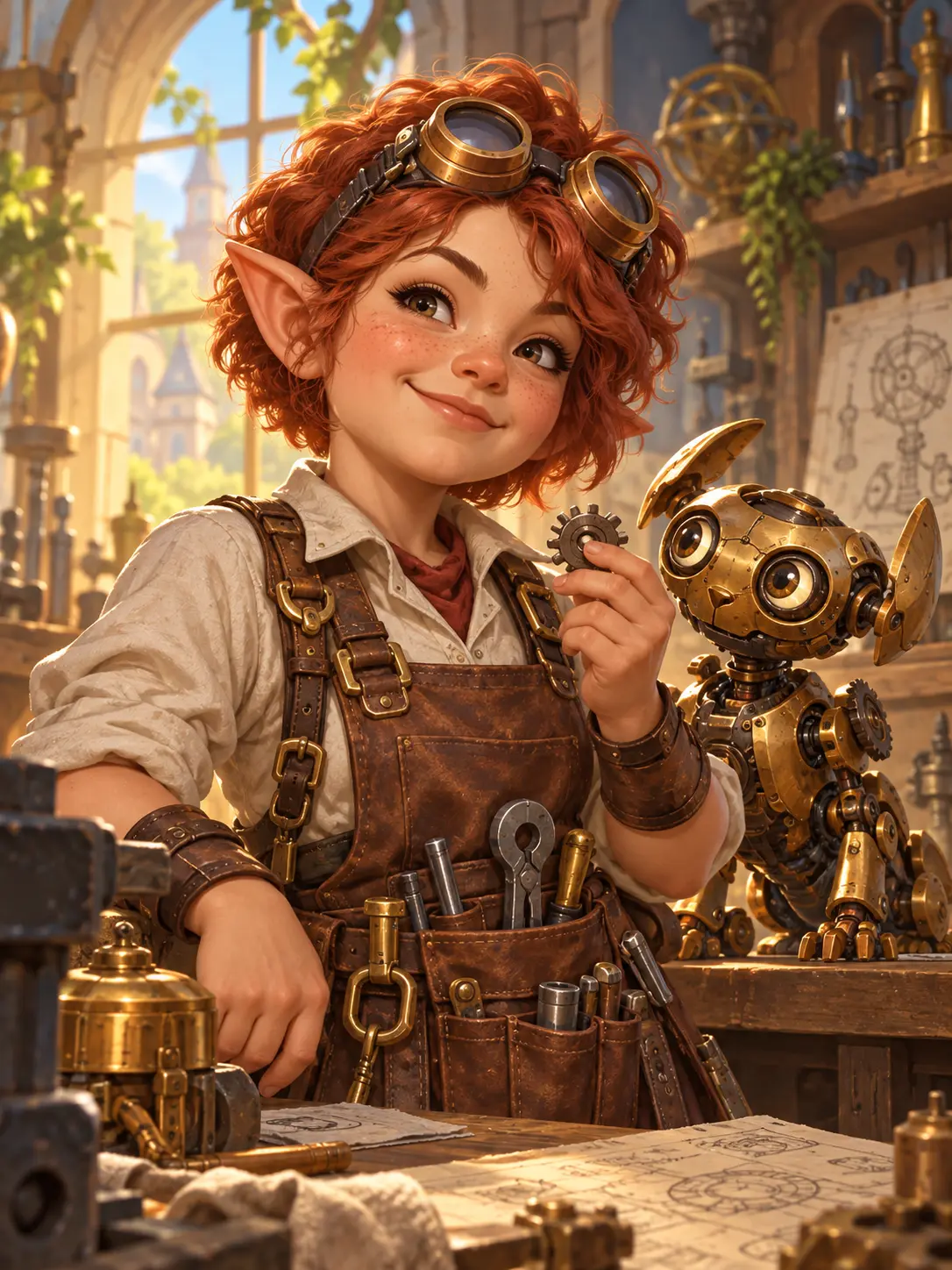 Fantasy character creator portrait of a gnome artificer with copper goggles and a clockwork companion