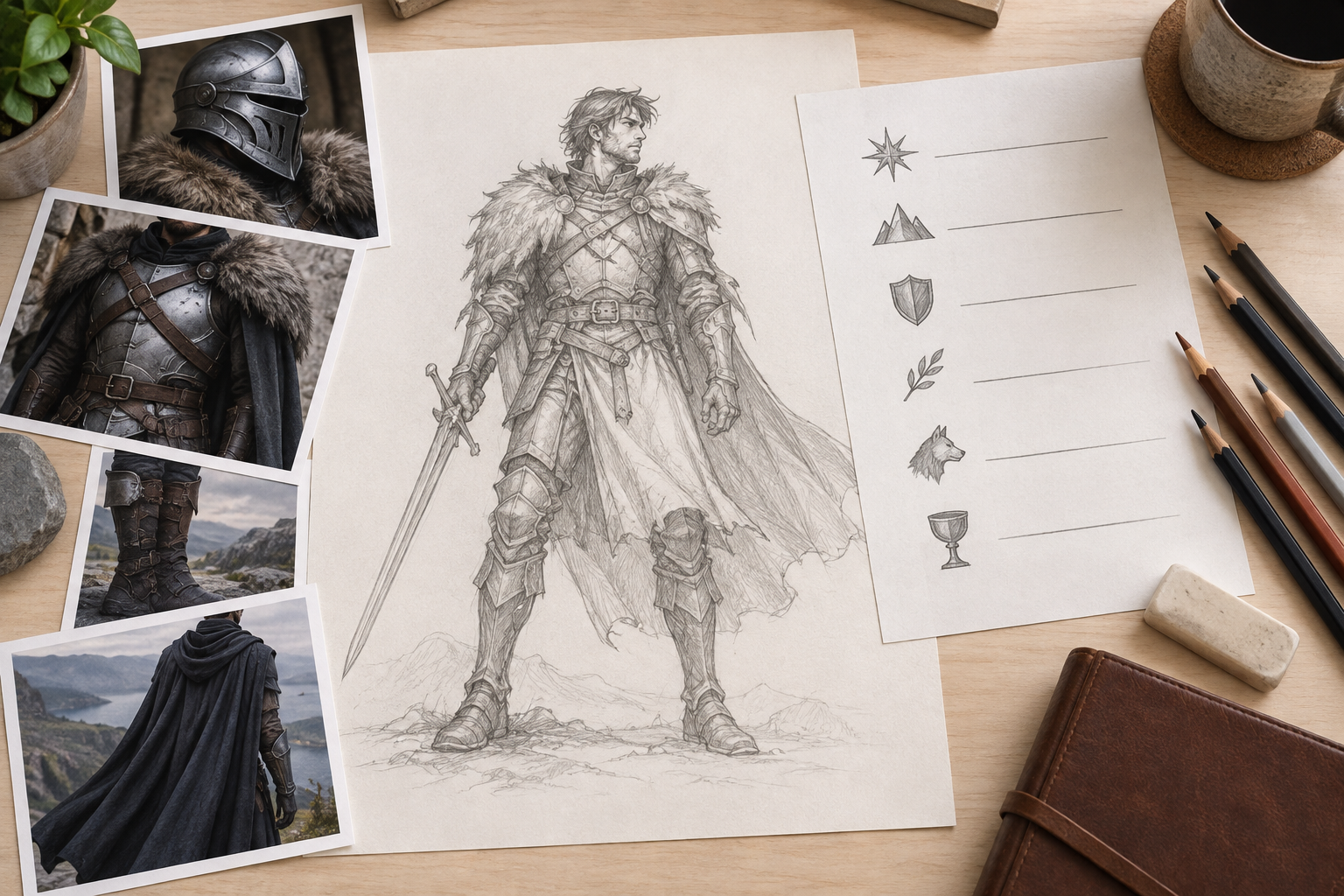 Prompt describing a fantasy character creator brief with costume and gear notes