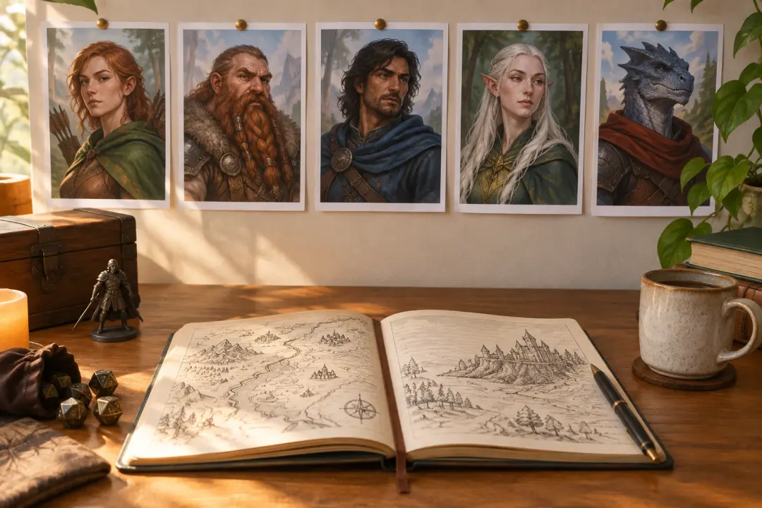 Fantasy character creator portraits pinned above a campaign notebook