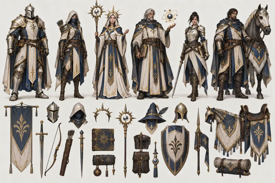 Fantasy character creator faction sheet with shared colors and distinct roles