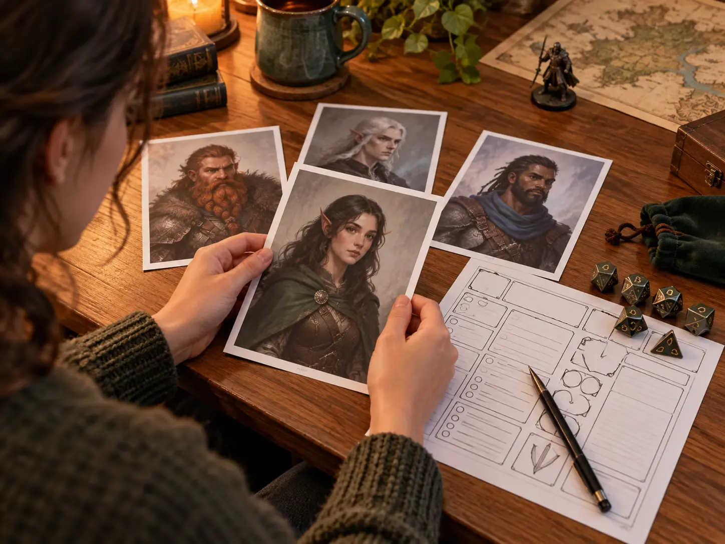 Tabletop player choosing a fantasy character creator portrait beside a character sheet