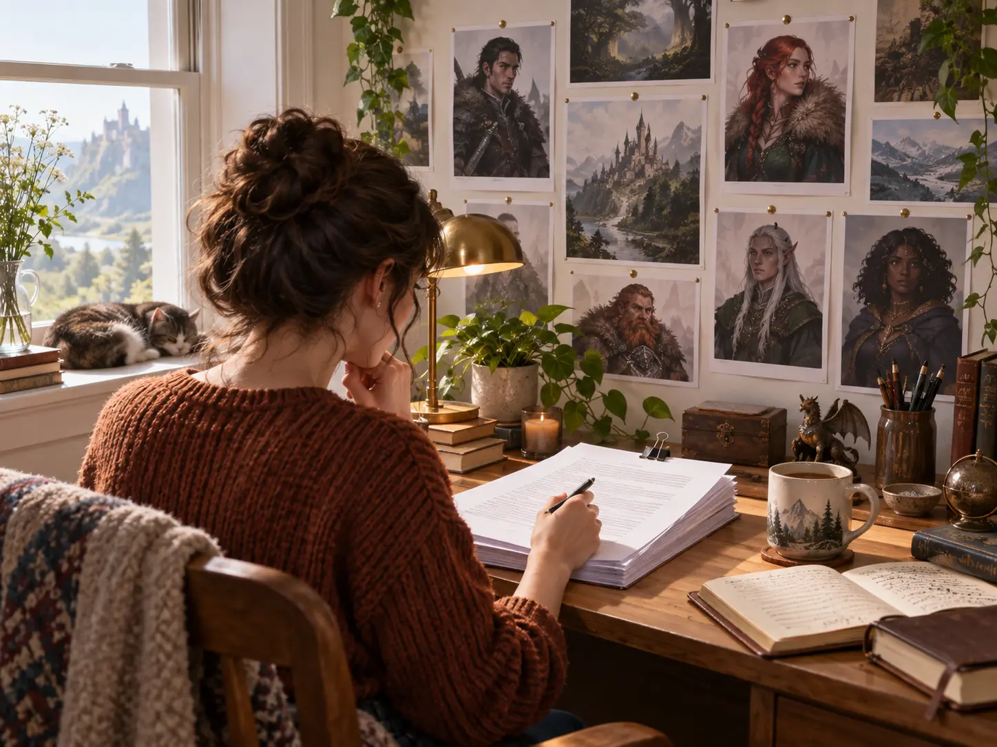 Writer reviewing fantasy character creator portraits pinned above a manuscript