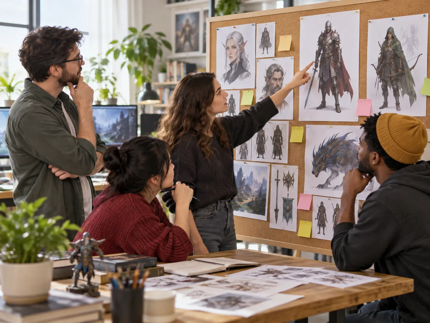 Indie game team reviewing fantasy character creator concept art on a board