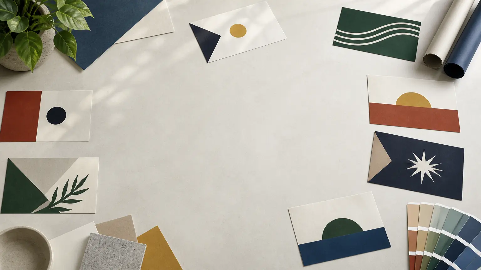 Wide design table with original Flag Generator concepts and strong geometric color studies