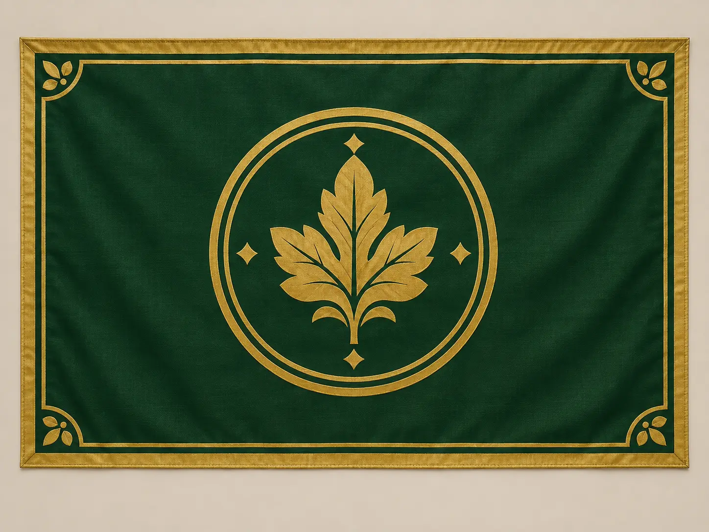 Deep green and gold woodland order banner with a stylized leaf medallion