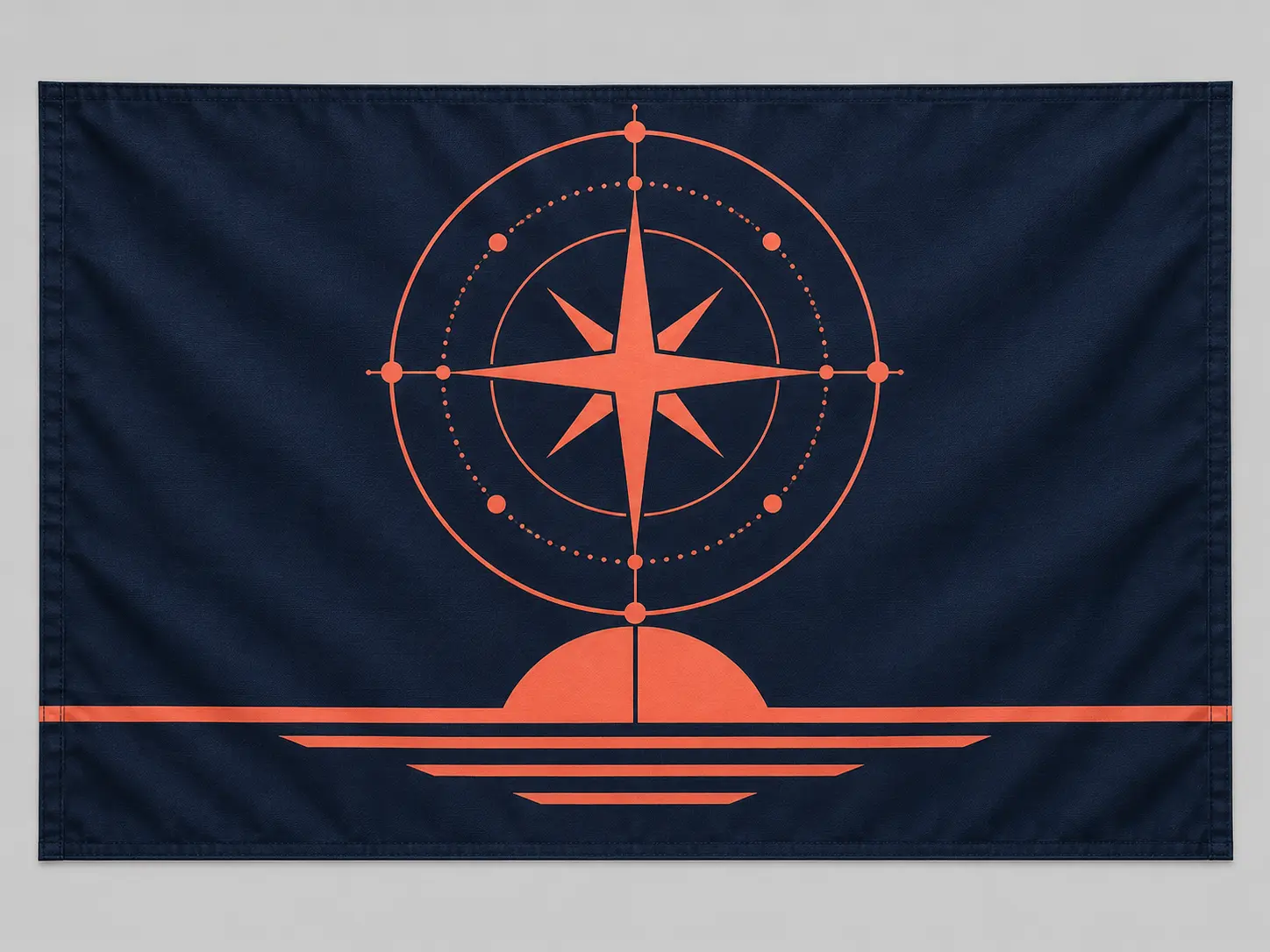 Dark navy and coral space faction flag with a radial star map symbol