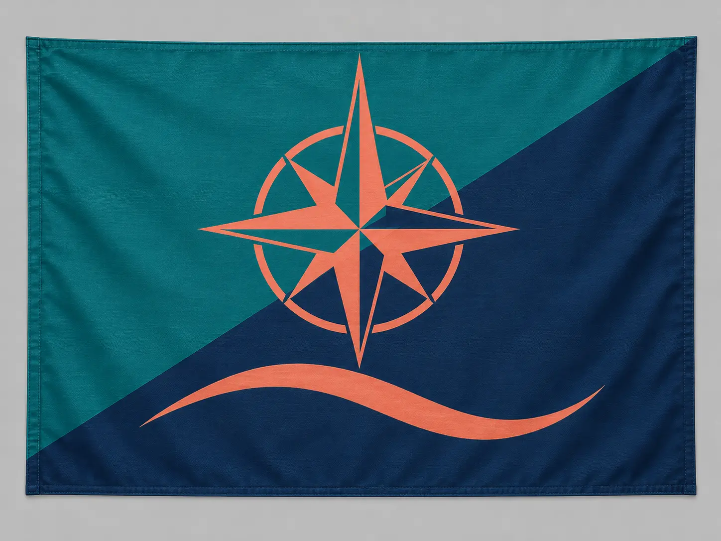 Deep blue ocean guild flag with a stylized wave and compass emblem