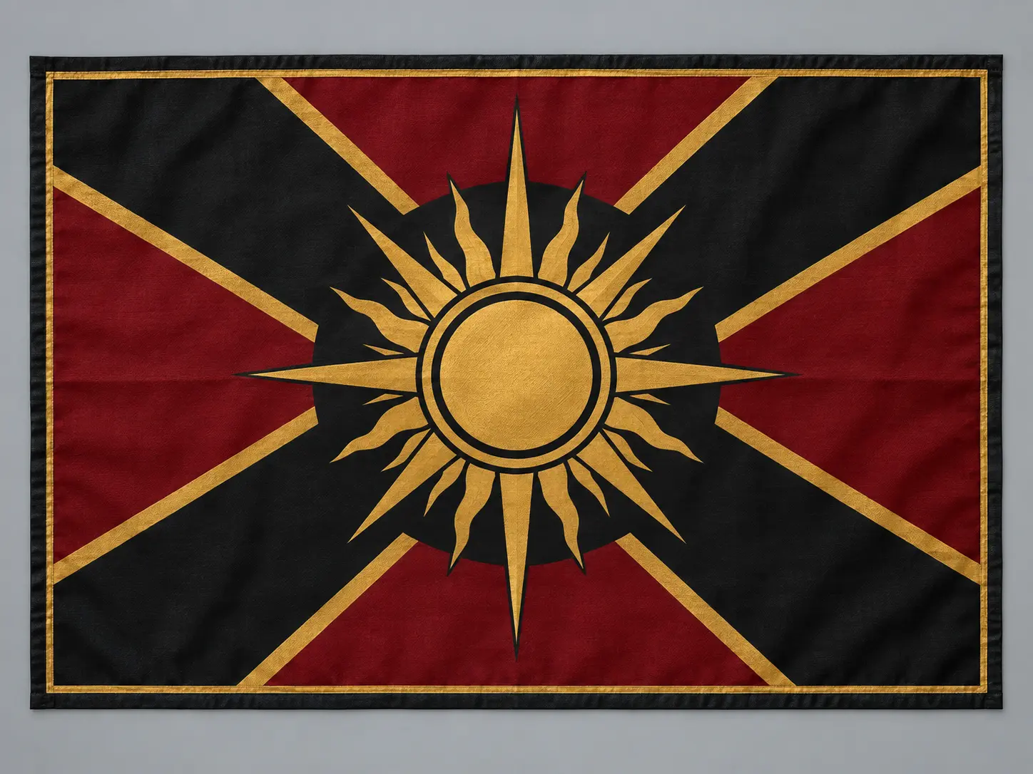 Gold and navy solar empire flag with a radiant circular emblem