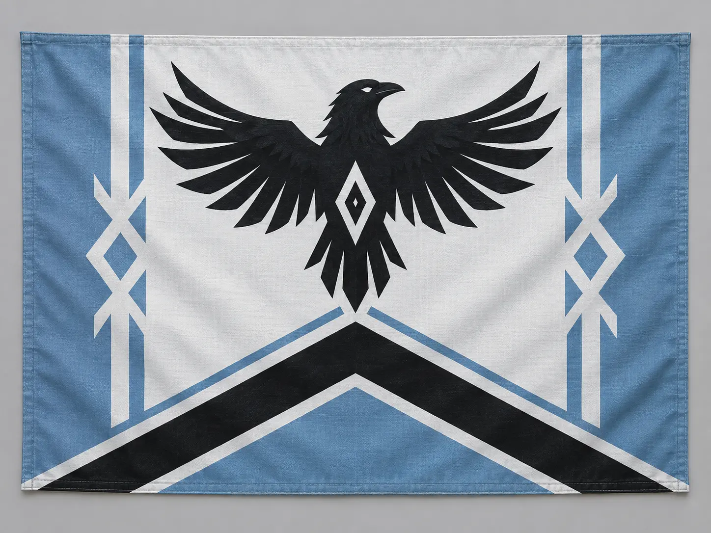 Cool northern clan flag with a geometric snowflake and mountain motif