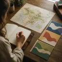 Worldbuilder comparing Flag Generator faction concepts with a map and notebook