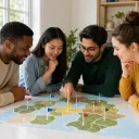Game team reviewing Flag Generator concepts around a tabletop map