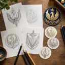 Heraldry hobbyist arranging simple abstract crest studies from a Flag Generator