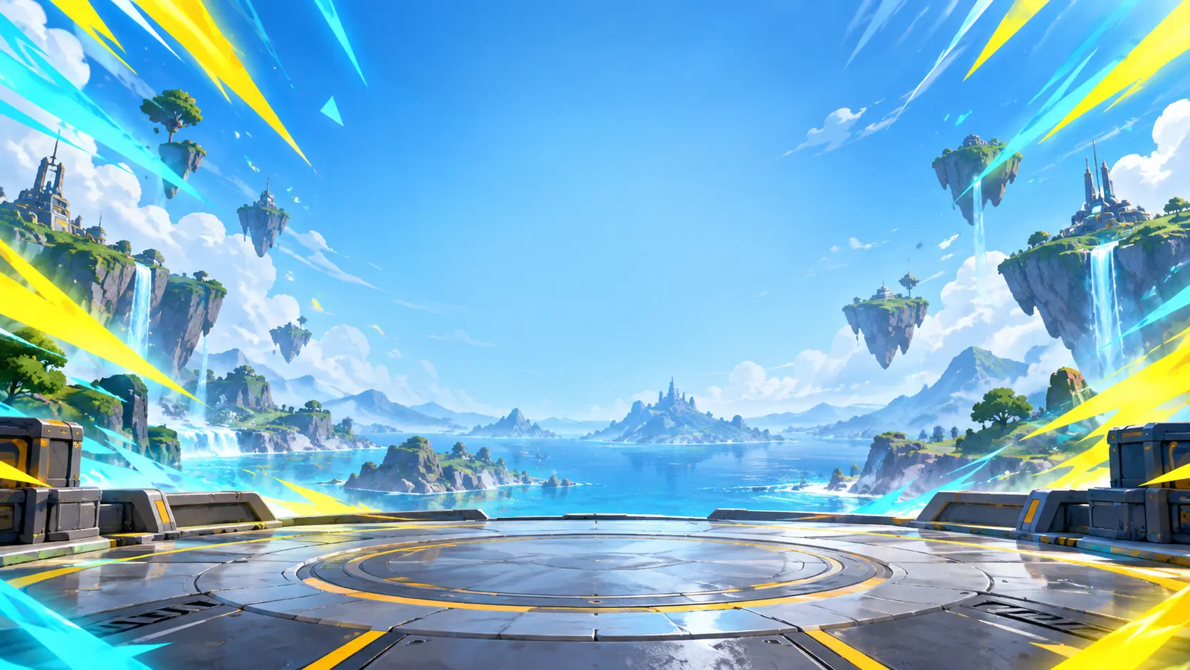High-energy landscape gaming artwork with open center space for a final call to action