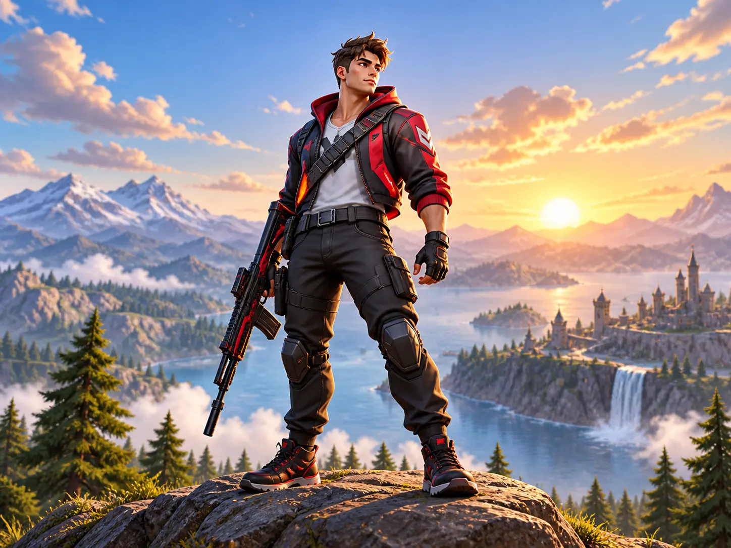 Landscape gaming thumbnail composed around a clear 16:9 focal area