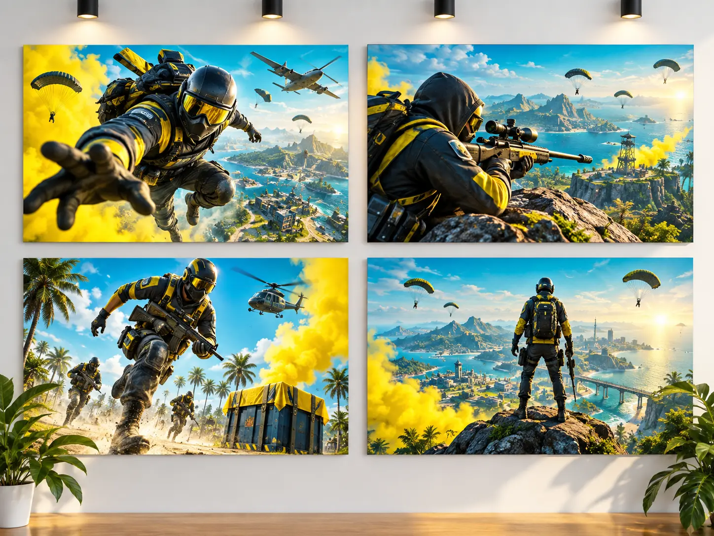 Series of coordinated gaming thumbnails with varied action and consistent art direction
