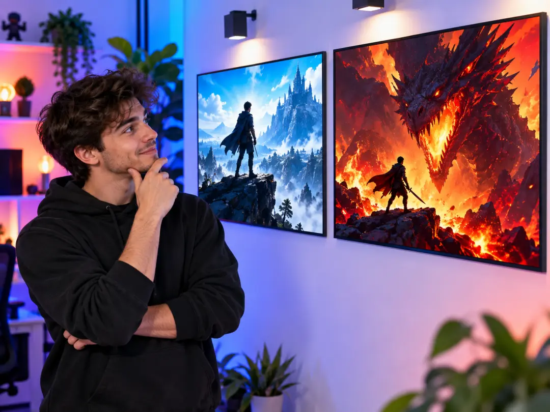 Gaming creator comparing high-contrast landscape thumbnail concepts