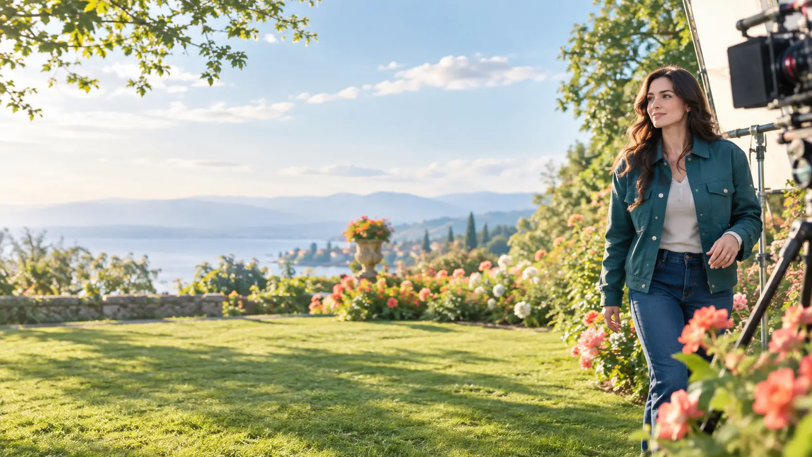 Original adult female character in a sunlit video scene with space for the creation action