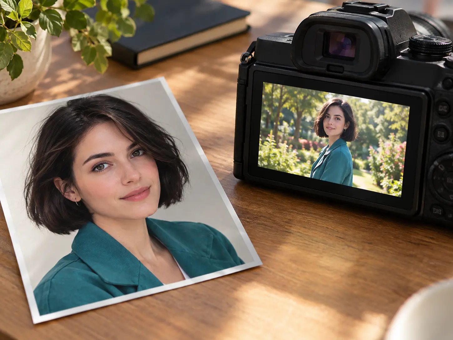 Visual reference portrait guiding an original female character video scene