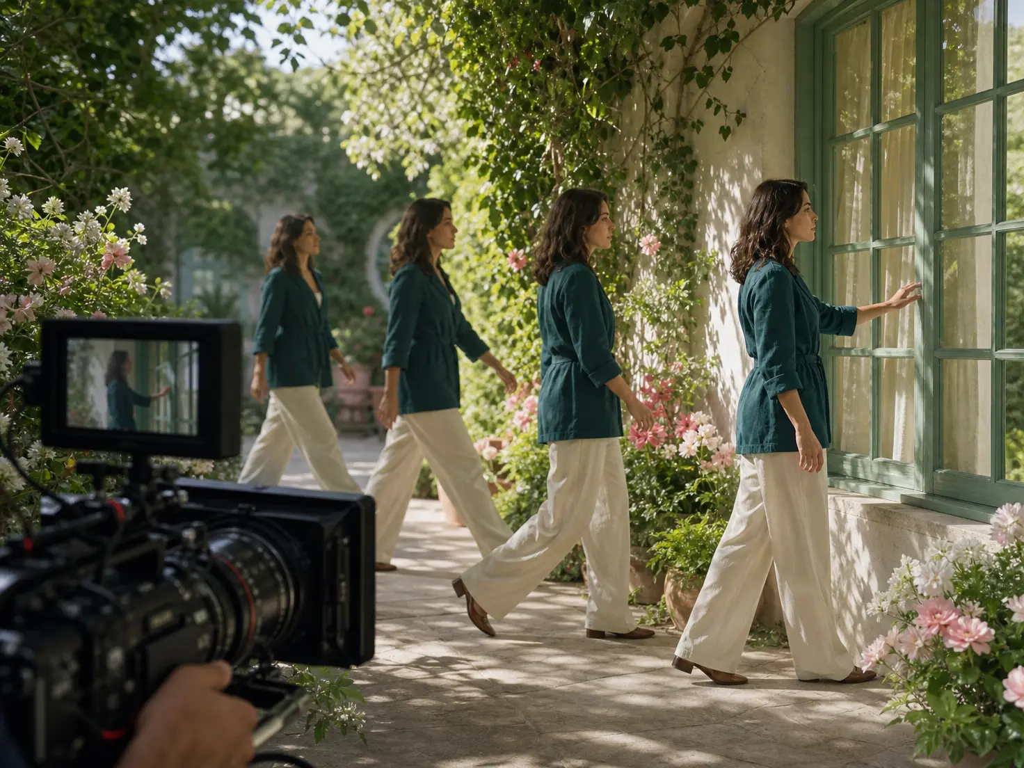 Adult female character moving through a planned video scene with camera framing cues