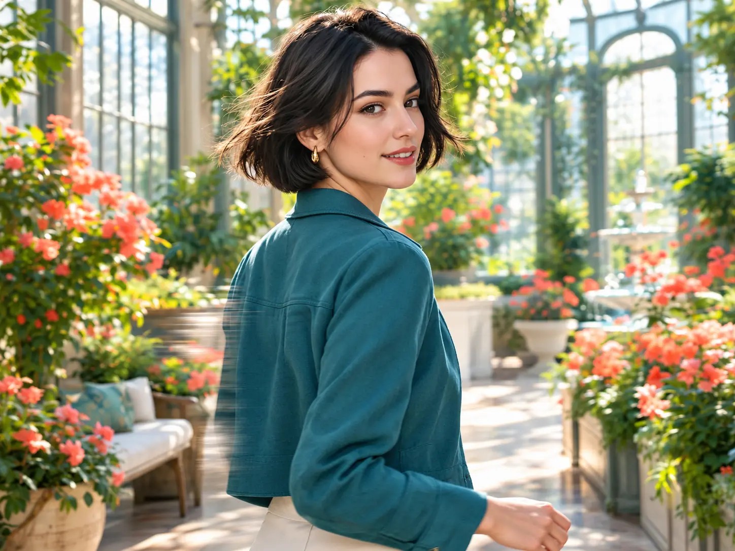 Original adult female character in a bright cinematic scene with a sense of motion