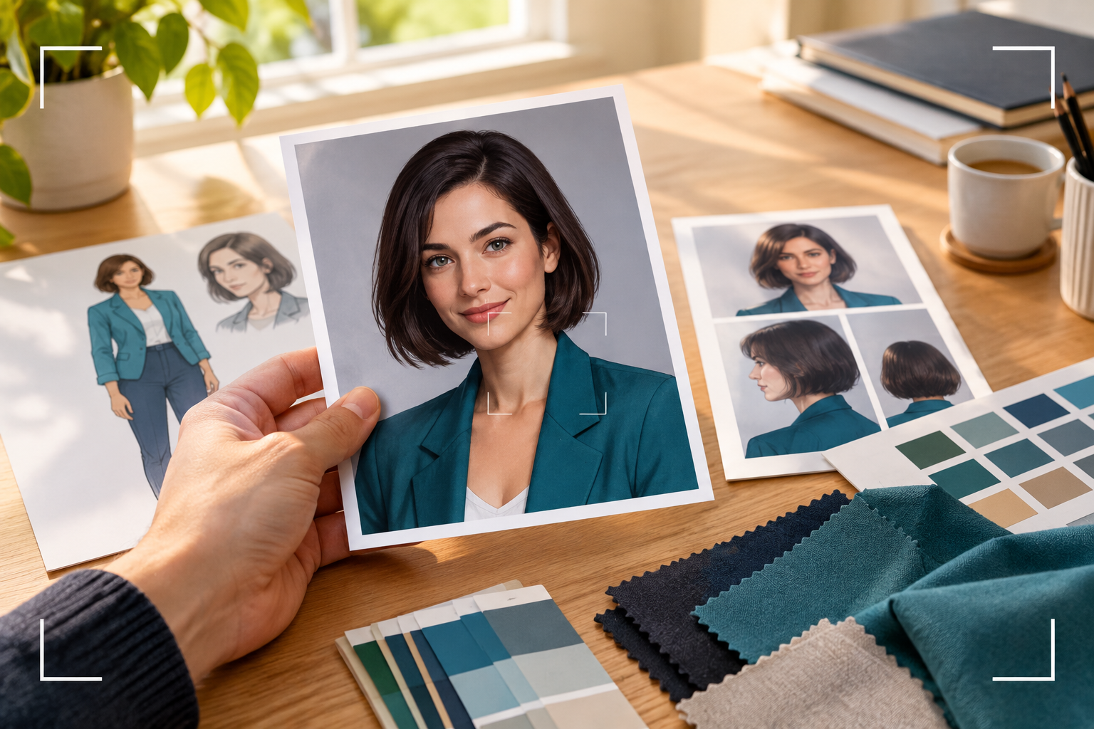 Original adult female character portrait beside a visual reference in a bright studio