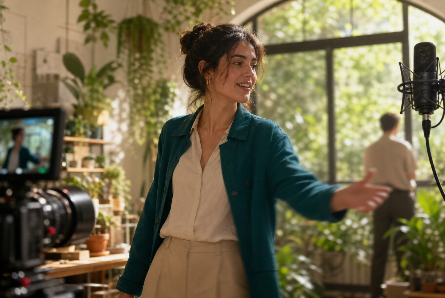Female character in successive scene moments with camera and spoken delivery cues