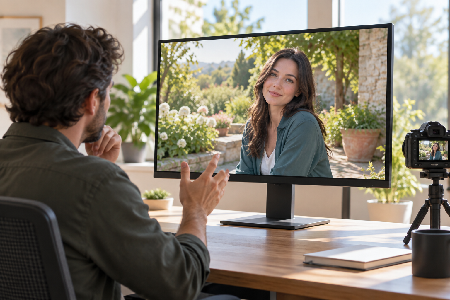 Creator reviewing a finished female character video scene on a studio monitor