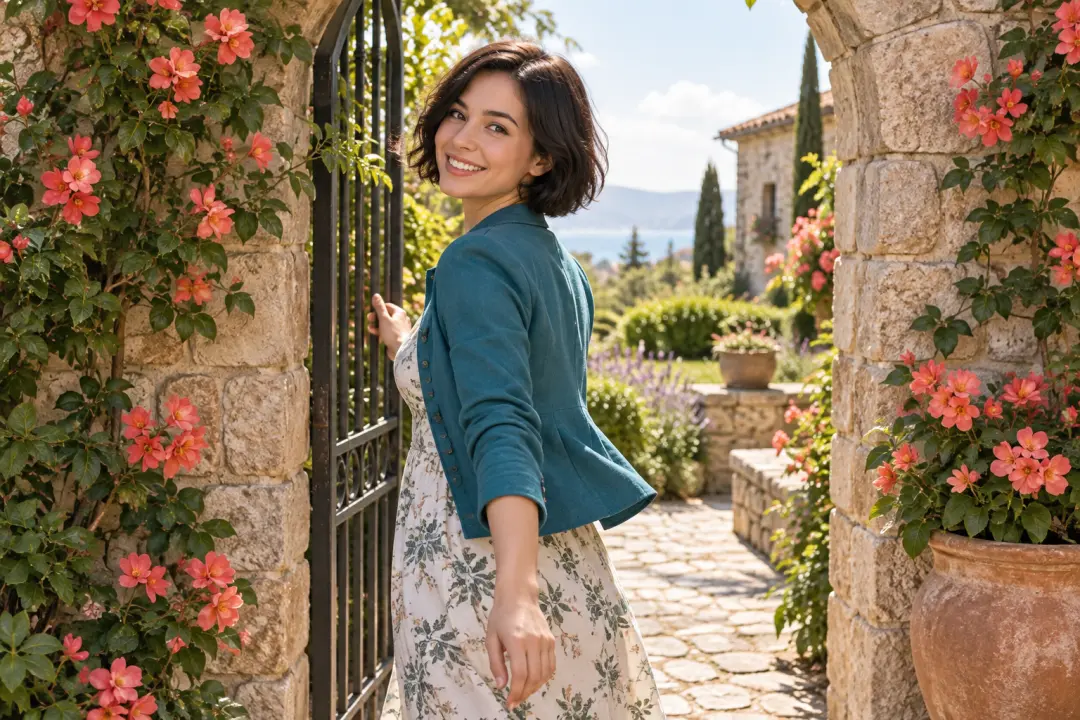 Adult female character making her first entrance into a sunlit garden scene