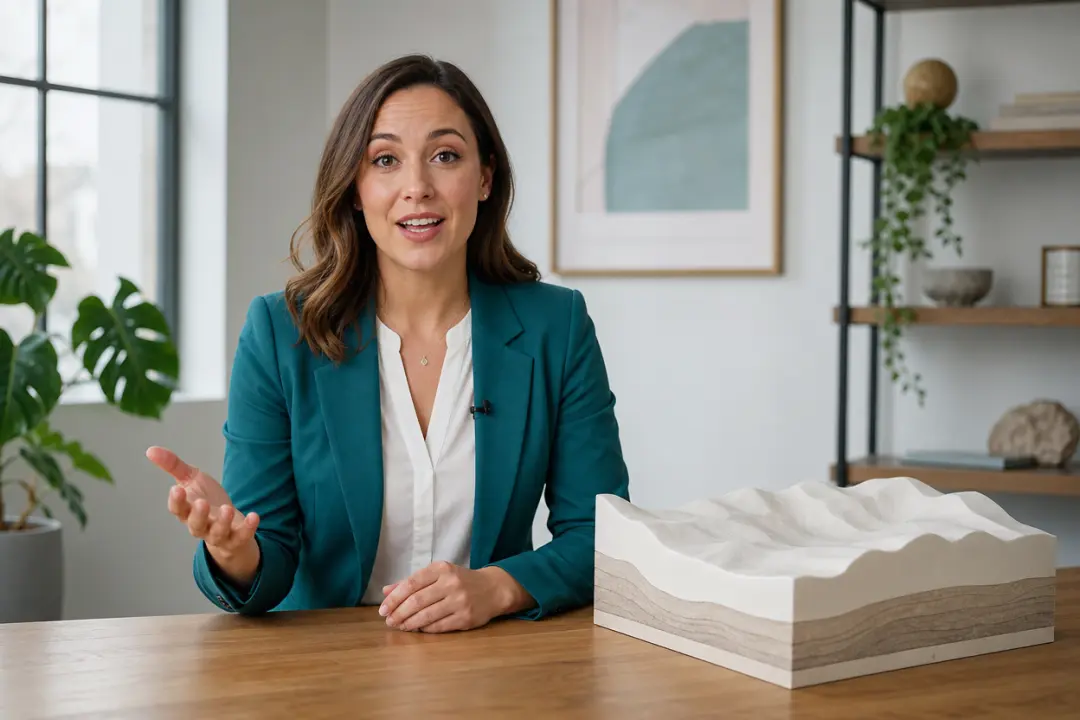 Adult female presenter introducing a topic in a bright studio video scene