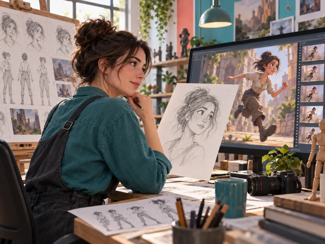 Character designer reviewing a moving adult female character inside one scene
