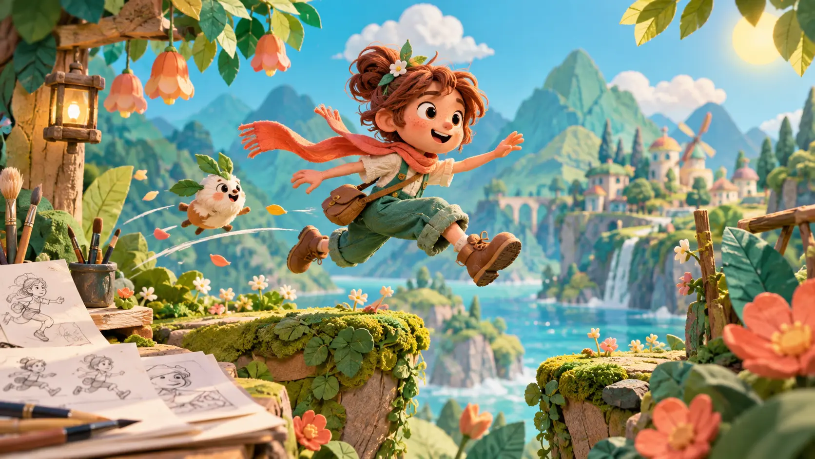 Colorful handcrafted animation scene with a character in motion, storyboard frames, painted textures, and cinematic lighting on a bright creative desk