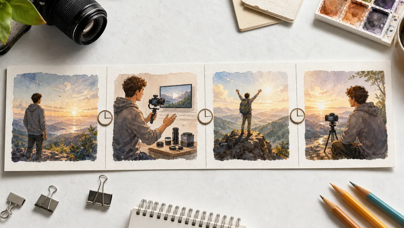Timed storyboard showing an opening, product demonstration, proof, and closing message