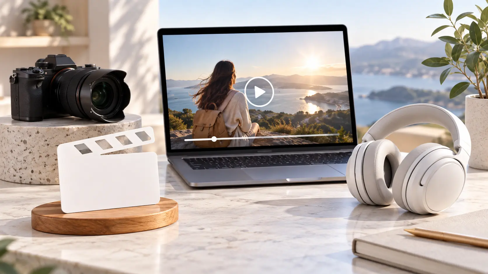 VideoAI workspace with product image, logo, existing clip, audio, and reference roles