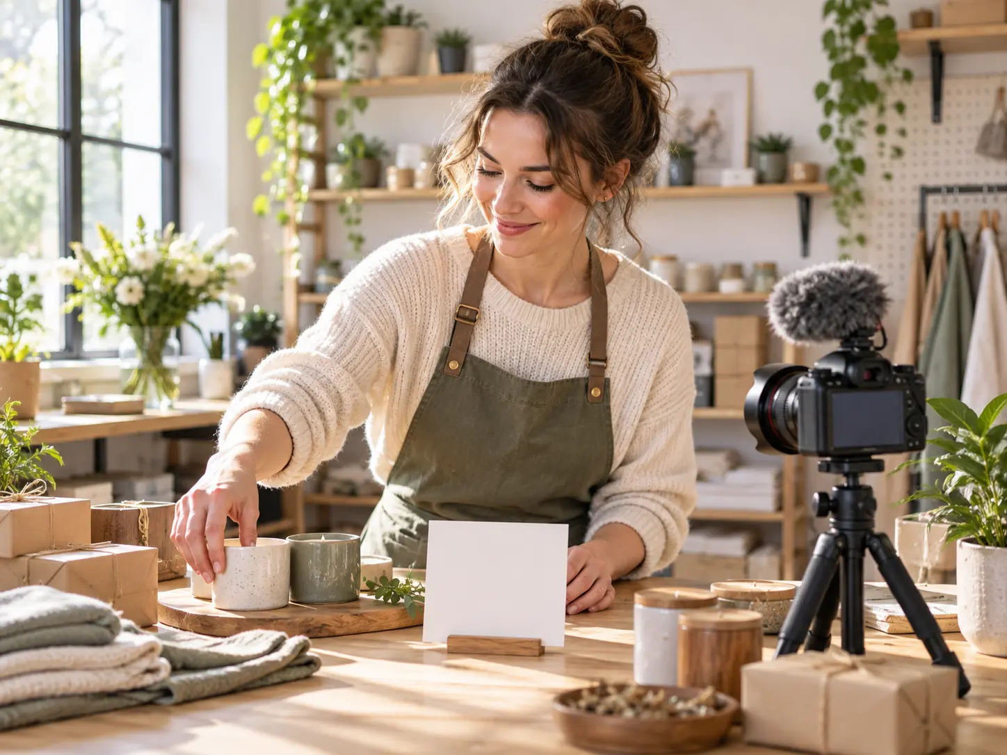 Small business owner planning a product video with photos and a closing offer