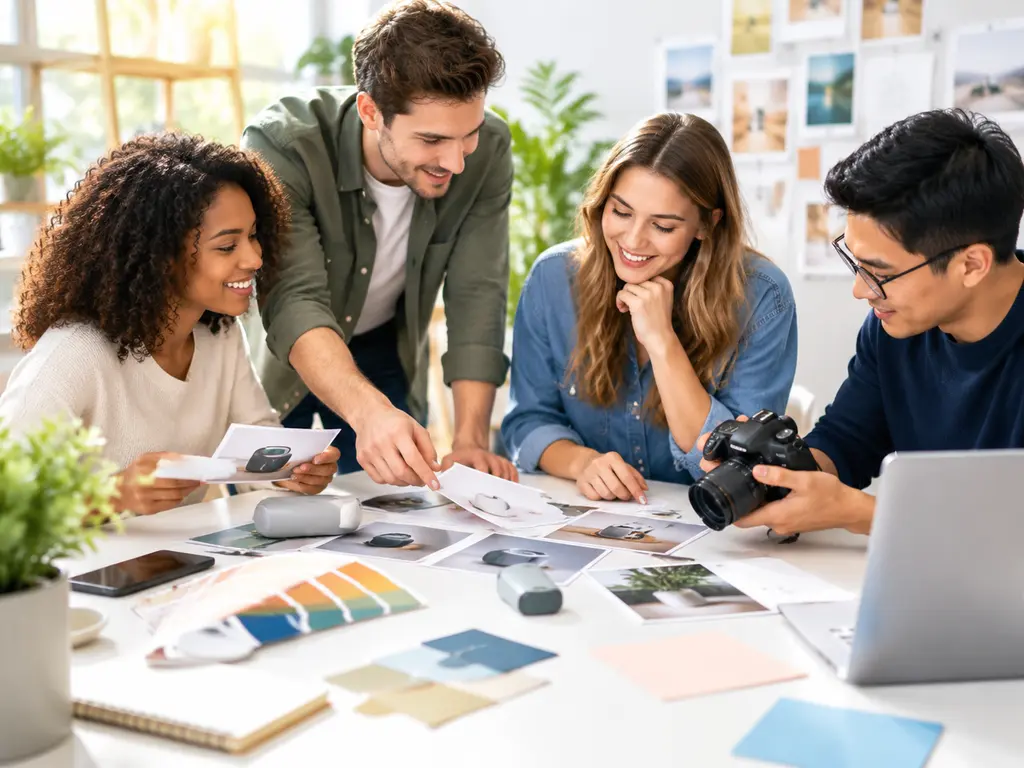 Marketing team arranging a logo, product image, and timed campaign message