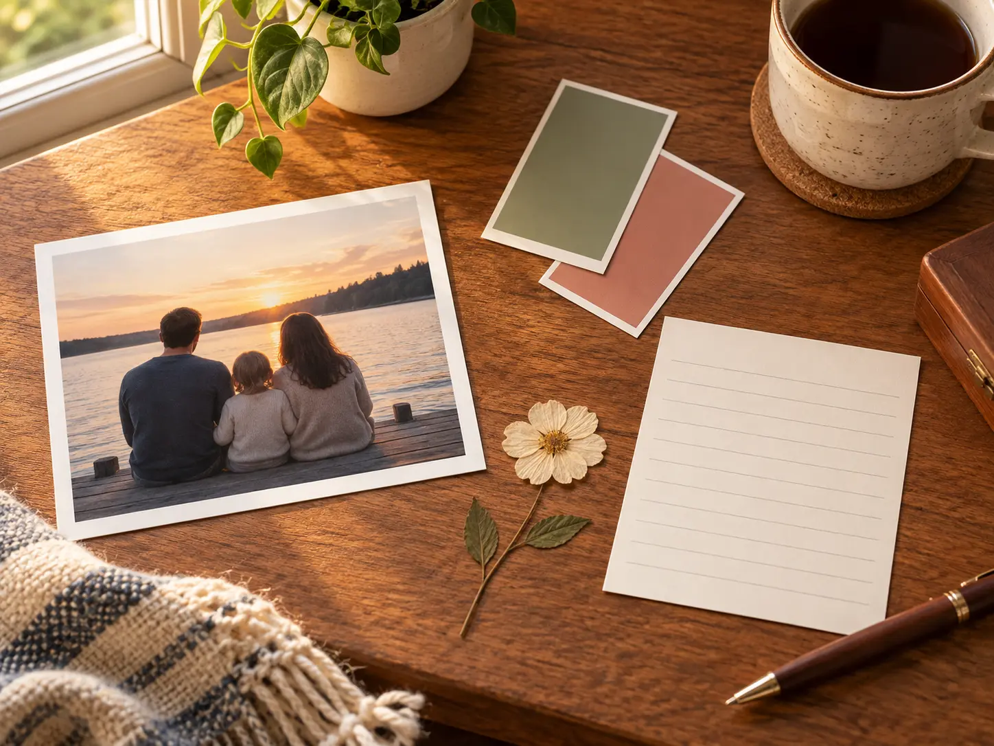 Personal card workspace with photographs, color notes, and a handwritten message draft