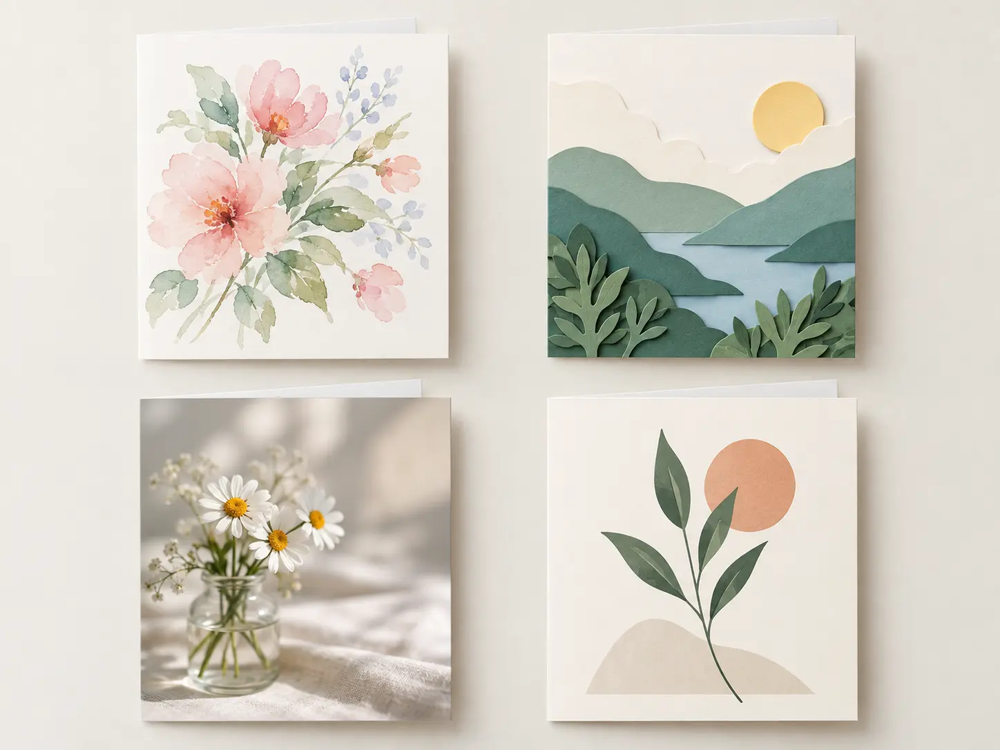 Four ecard style studies in paper, watercolor, photography, and minimal illustration
